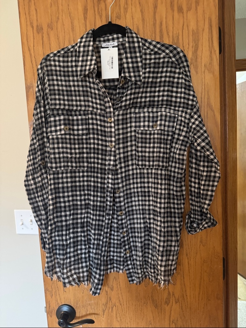 Women's Black and White Plaid Button-Down Shirt